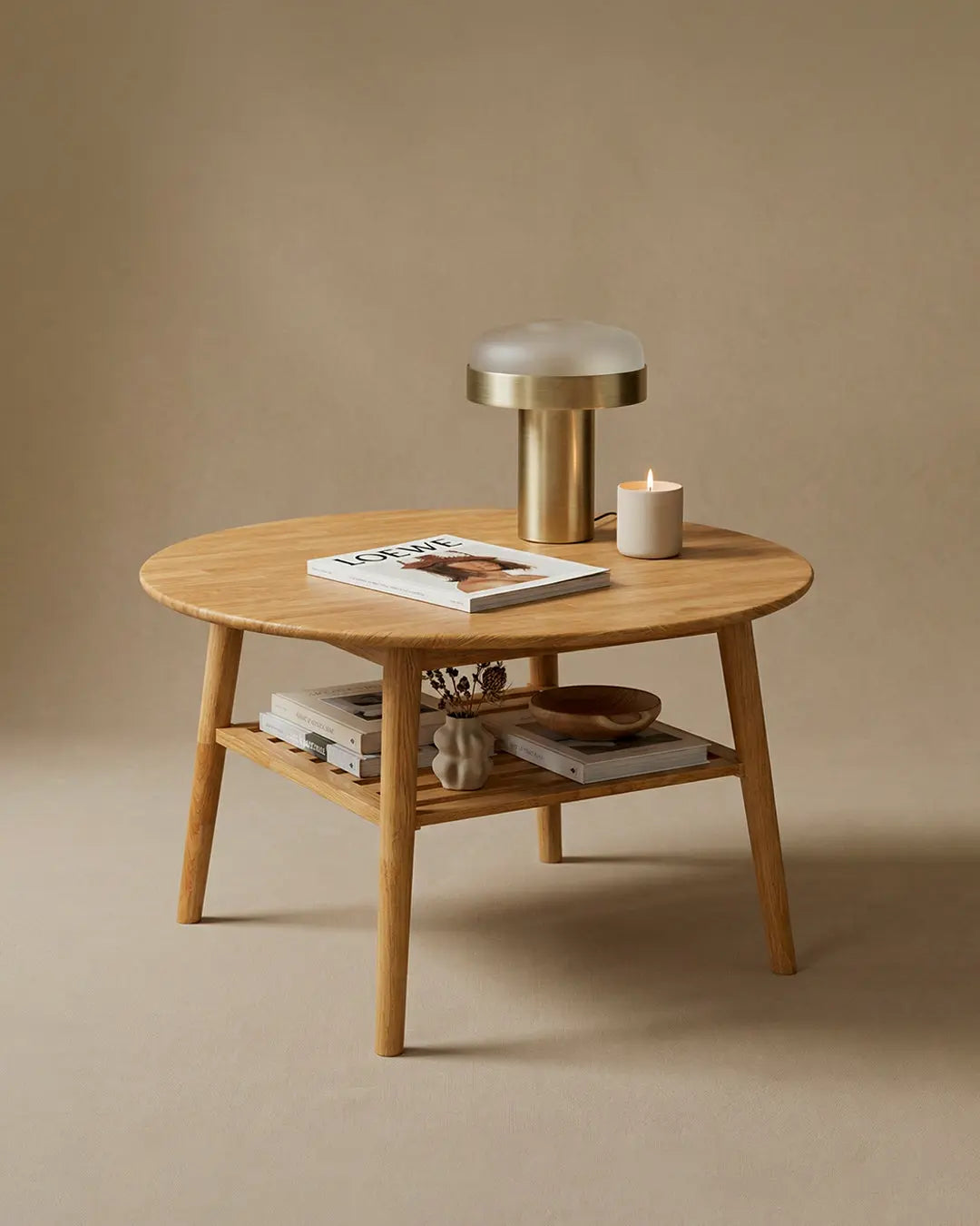 Veneto Italia Tables Erie Oak Round Coffee Table with Shelf