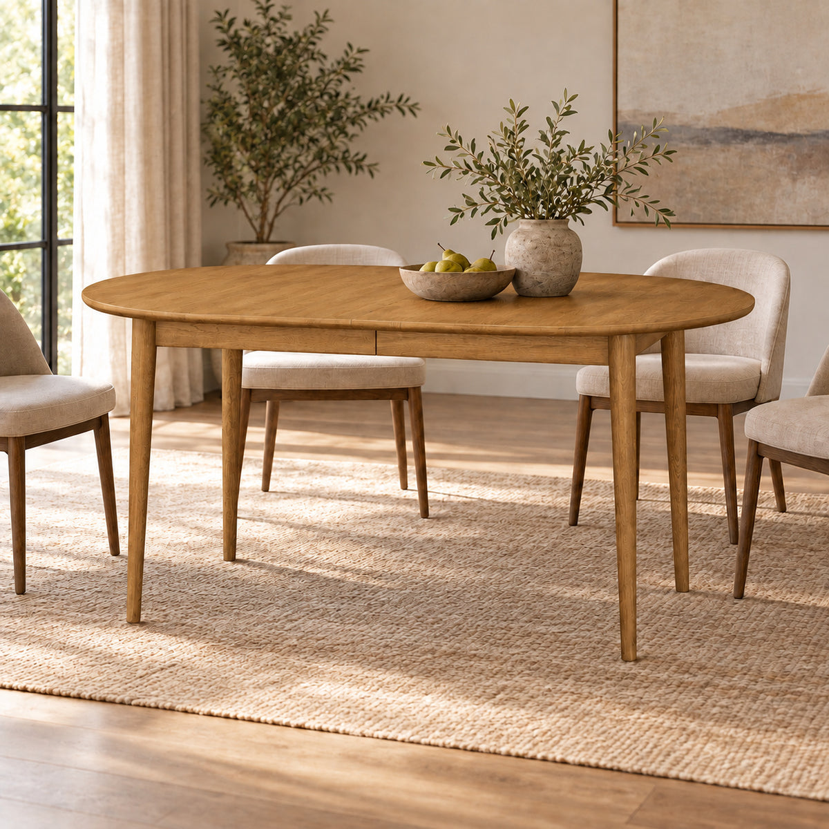 Erie extendable dining table, natural oil — in a dining room interior