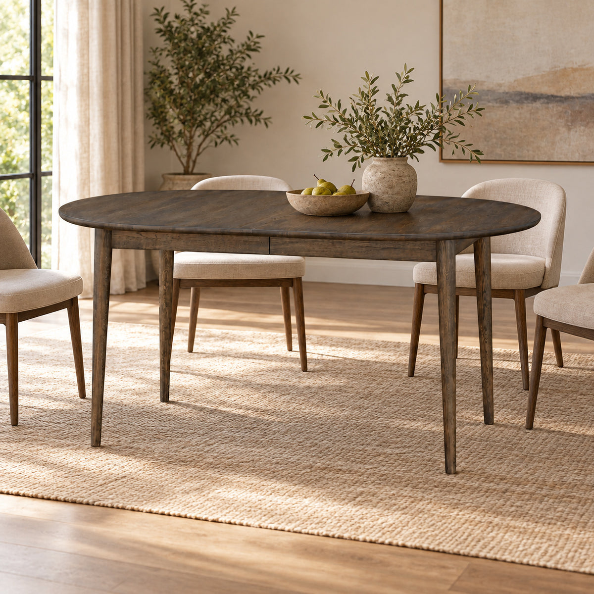 Erie extendable dining table, smoky oil — in a dining room interior