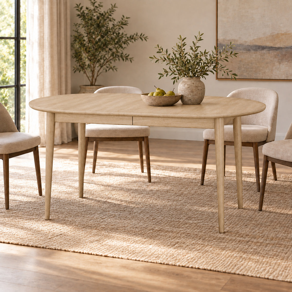 Erie extendable dining table, white oil — in a dining room interior