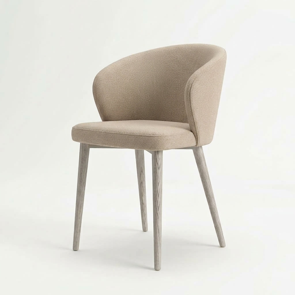 Indi Medium Bar Chair in beige boucle with light wood legs, three-quarter front view