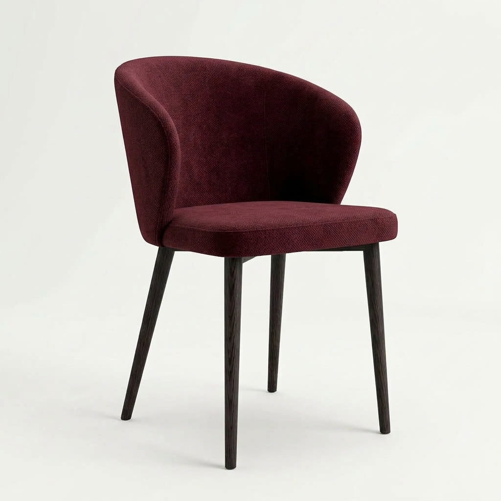 Indi Medium Bar Chair in burgundy fabric with dark wood legs, three-quarter front view